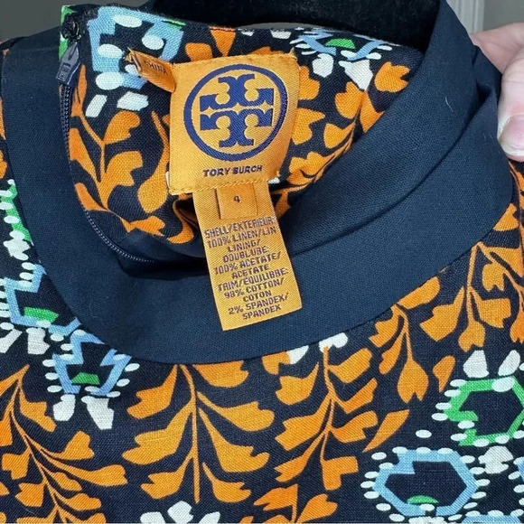 Tory Burch Melanie Dress Navy & Orange Floral Linen Dress Size 4 - Picture 6 of 6